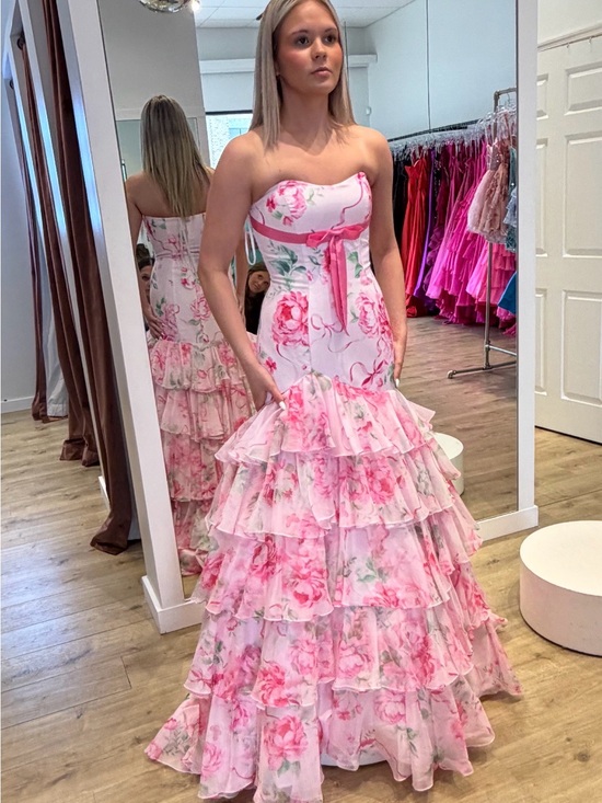 Sherri Hill Dresses & Skirts - Sherri Hill White and Pink Floral Strapless Ruffled Prom Gown
